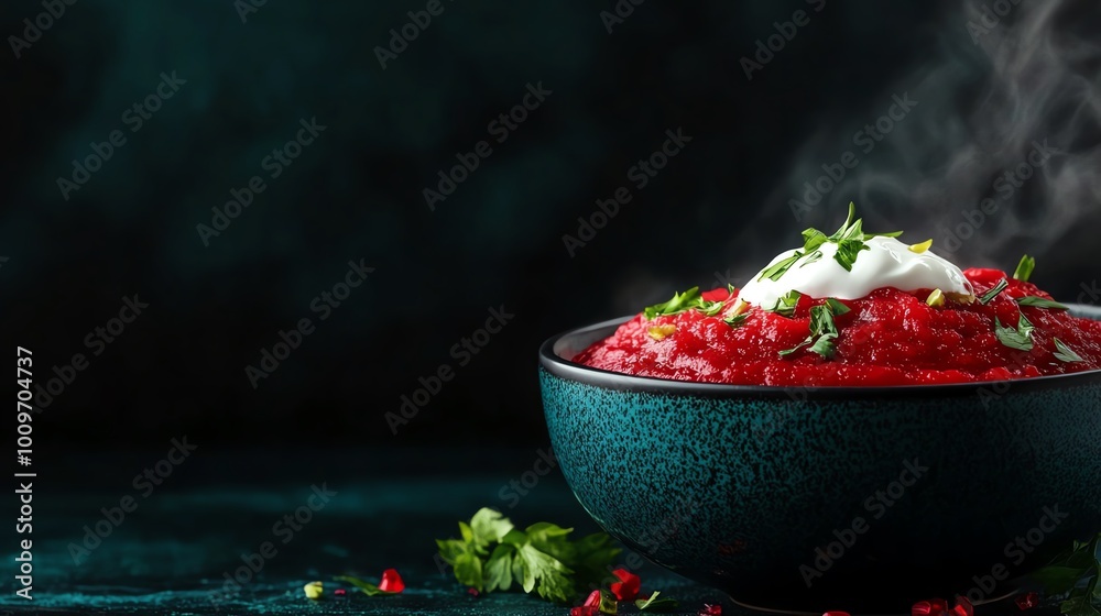 Hearty borscht, deep red beetroot soup garnished with a dollop of sour cream Hearty borscht, deep red beetroot soup garnished with a dollop of sour cream