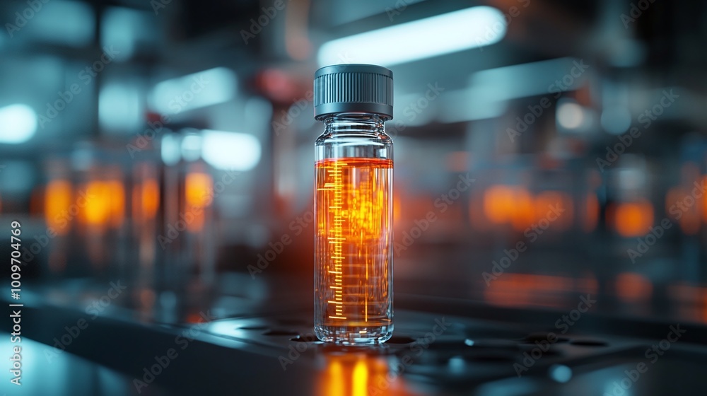 advanced medical technology in a futuristic lab with a high-tech glowing vial of personalized cancer medicine representing precision treatment and innovations in healthcare