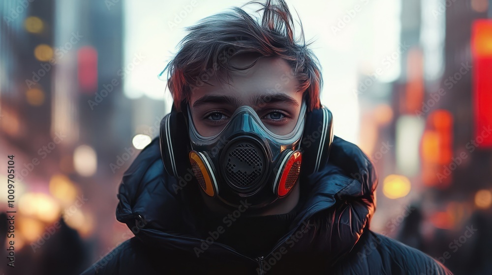 Portrait of a young man wearing a mask in the city Portrait of a young man wearing a mask in the city