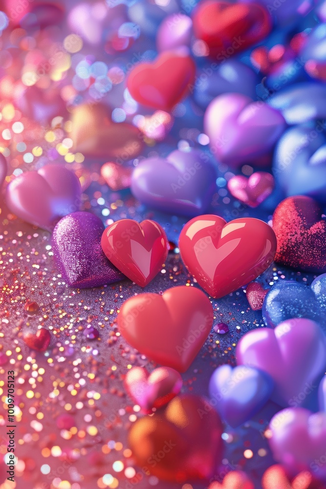 Obraz premium Vibrant Valentine's Day Background with Colorful Cartoon Hearts and Glitter for Social Media Design