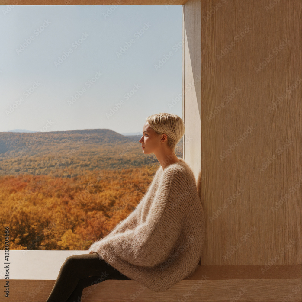 Fototapeta premium Woman by Window with Mountain View in Autumn