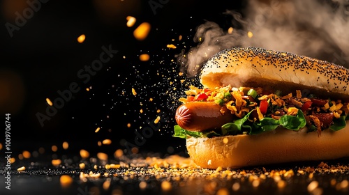 Juicy Chicagostyle hot dog, allbeef frank with multiple toppings in poppy seed bun photo