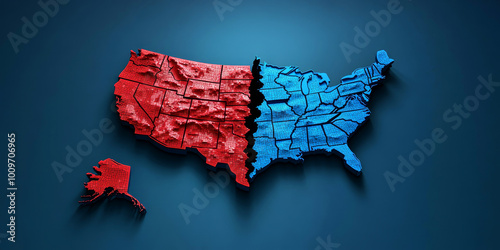 Split map of the USA shows political polarization and party divisions 2024