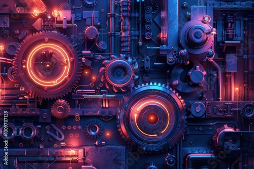 Neon-Illuminated Abstract Mechanical Background with Gears and Sprockets for Tech Designs