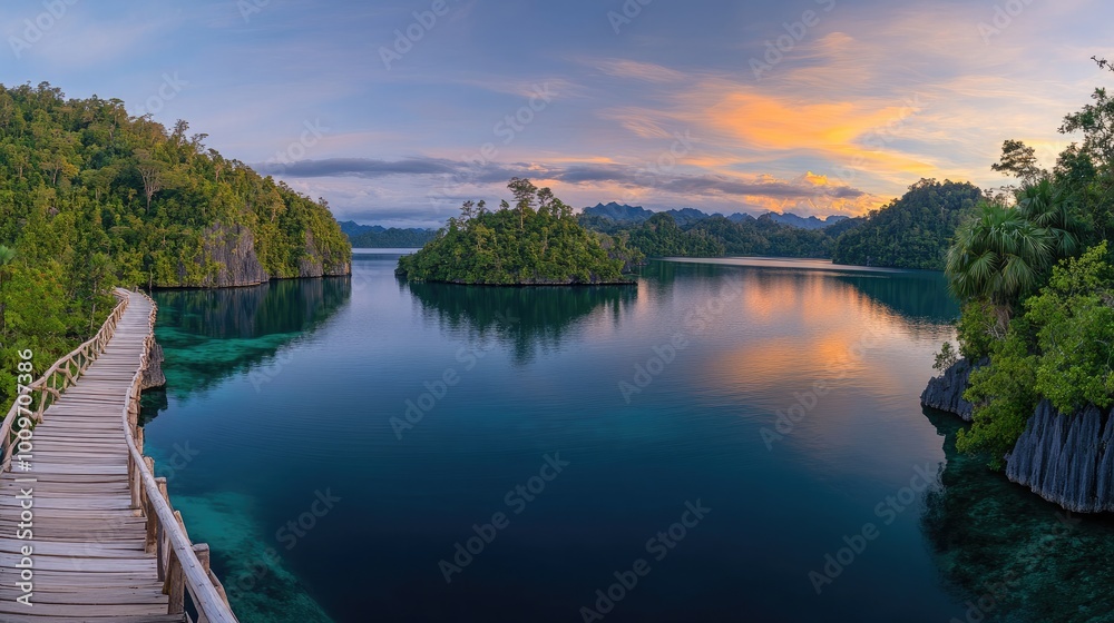 Fototapeta premium A peaceful wooden walkway stretches toward a tropical island, flanked by palm trees, while the sun sets over the calm, crystal-clear waters creating a serene atmosphere