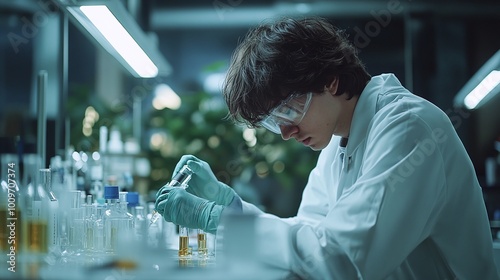 scientist in a lab analyzing chemical substances for drug development and research contributing to pharmaceutical breakthroughs in medical science and healthcare technology photo