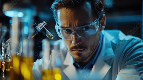 scientist in a lab analyzing chemical substances for drug development and research contributing to pharmaceutical breakthroughs in medical science and healthcare technology photo