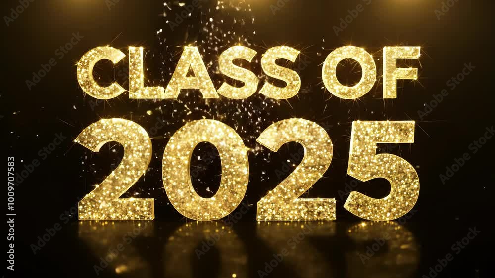 Glittering gold Class of 2025 text against black background with sparkling effects. perfect for graduation announcements, invitations, or celebratory posters.