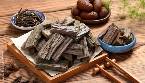 Highlight the traditional charm and health benefits of Duzhong photo