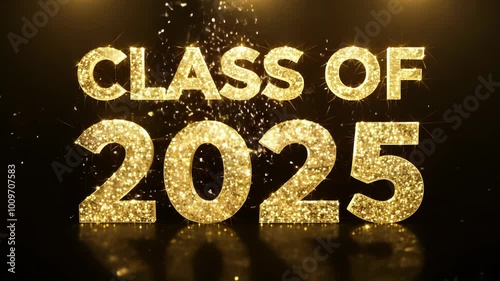 Glittering gold Class of 2025 text against black background with sparkling effects. perfect for graduation announcements, invitations, or celebratory posters.