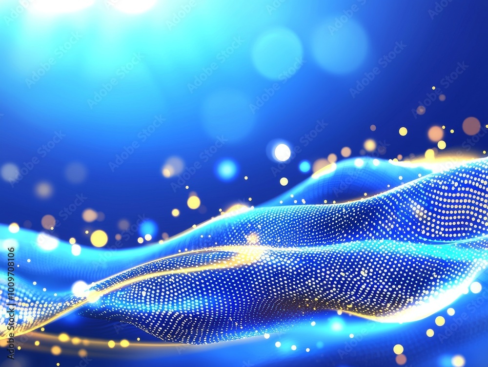 The wallpaper is a gold neon wave pattern on an abstract background with bokeh lights. Data transfer concept wallpaper.