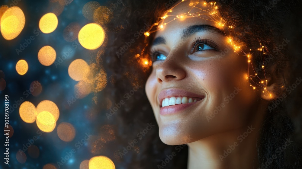Smiling woman with glowing neural connections symbolizing positivity happiness and the harmony between human emotion and the minds neural pathways Smiling woman with glowing neural connections symbolizing positivity happiness and the harmony between human emotion and the minds neural pathways