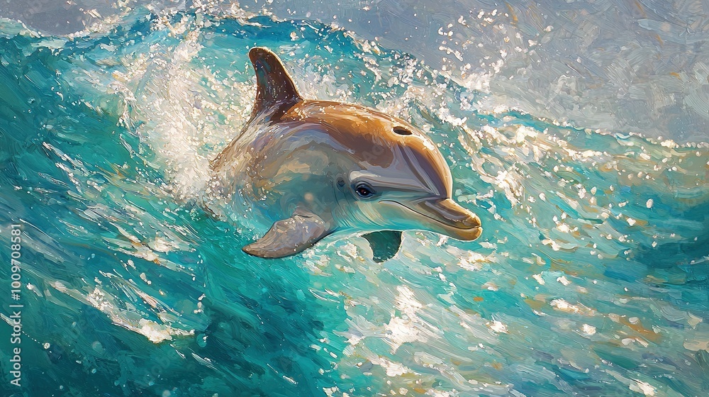 Fototapeta premium Painting of a dolphin in water with open mouth and head out of surface
