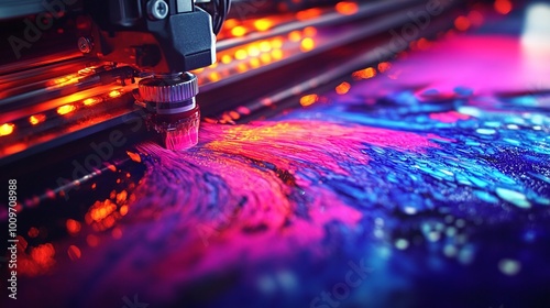 high quality printing with a close-up of a large format printer head applying vibrant colors on paper showcasing precision technology and professional standards in large scale print production photo