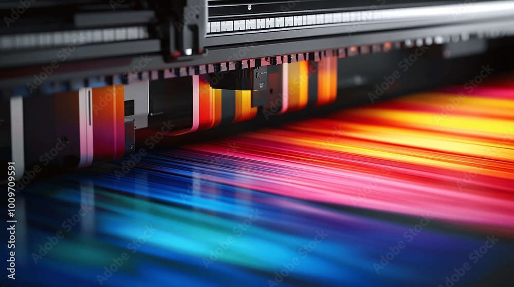 high quality printing with a close-up of a large format printer head applying vibrant colors on paper showcasing precision technology and professional standards in large scale print production high quality printing with a close-up of a large format printer head applying vibrant colors on paper showcasing precision technology and professional standards in large scale print production