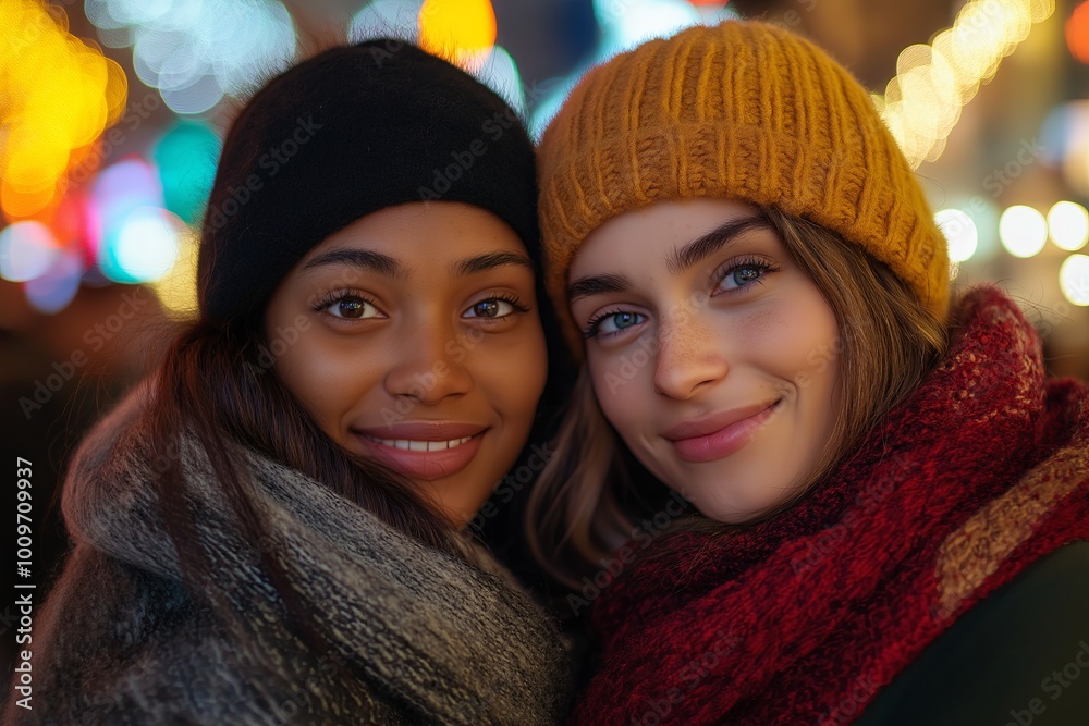 Festive lesbian couple joyfully buying Christmas presents together Festive lesbian couple joyfully buying Christmas presents together