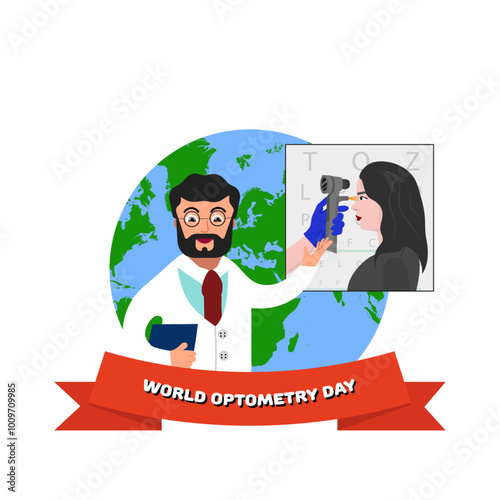 World optometry day. Earth and doctor with optometry eye test poster