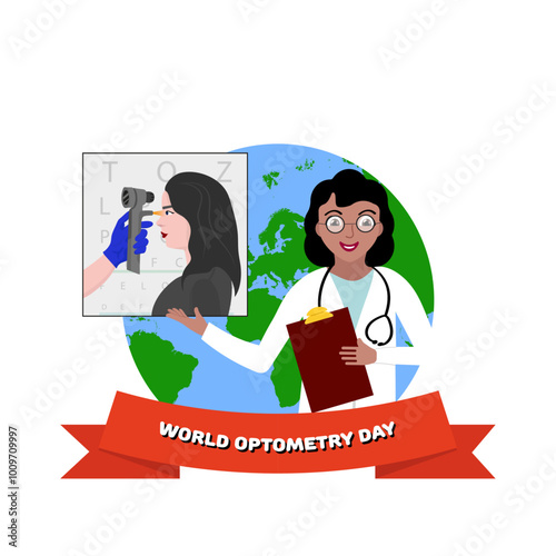 World optometry day. Earth and doctor with optometry eye test poster