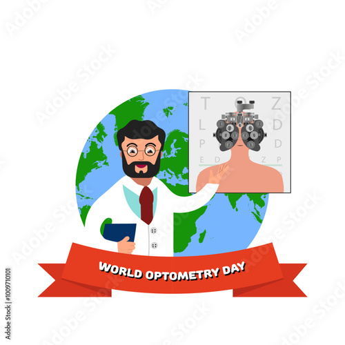 World optometry day. Earth and doctor with optometry eye test poster