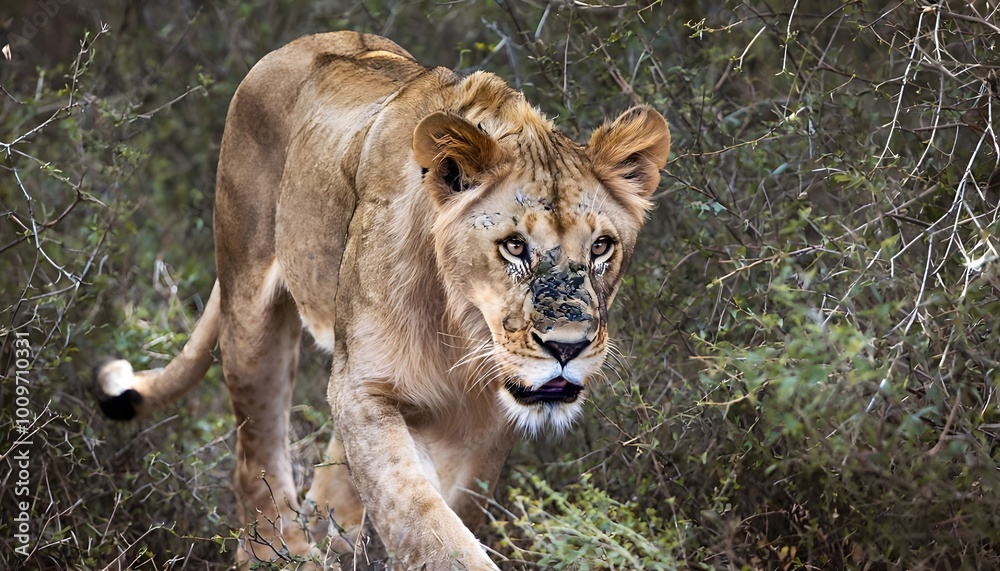 Curious Lion Exploring the Bush – A Lion Walks Through Dense Vegetation, His Nose Close to the Ground Curious Lion Exploring the Bush – A Lion Walks Through Dense Vegetation, His Nose Close to the Ground