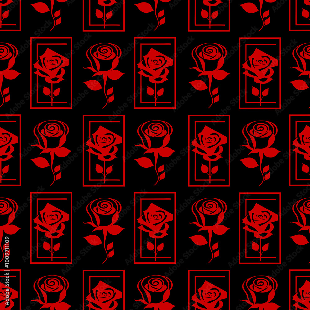 Fototapeta premium seamless graphic floral pattern red roses on black background, texture, design
