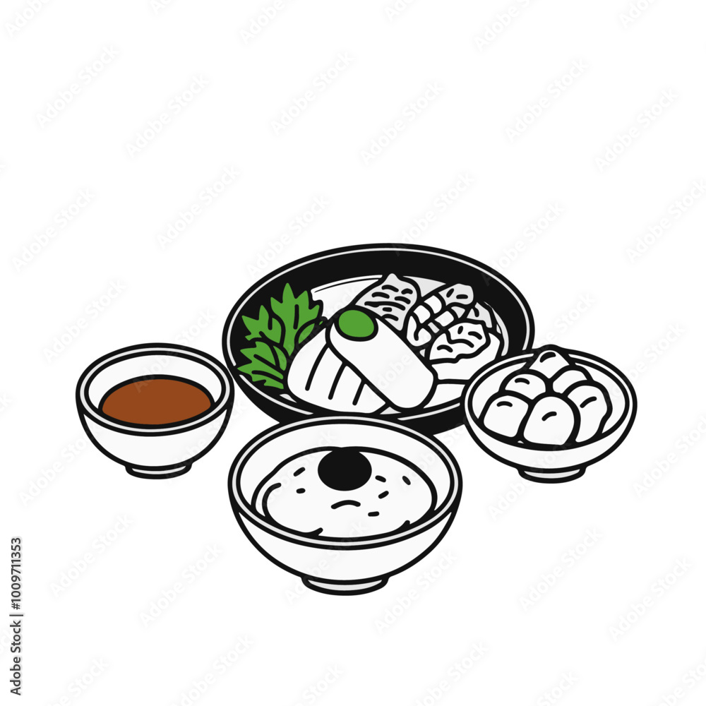 Japanese Kaiseki Meal with Multiple Courses – A Traditional Dining Experience in Black Outline Vector Illustration