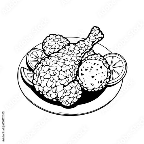 Japanese Karaage with Lemon Slices – Crispy Fried Chicken Enjoyed for Its Juiciness and Flavor Black Outline Vector Illustration