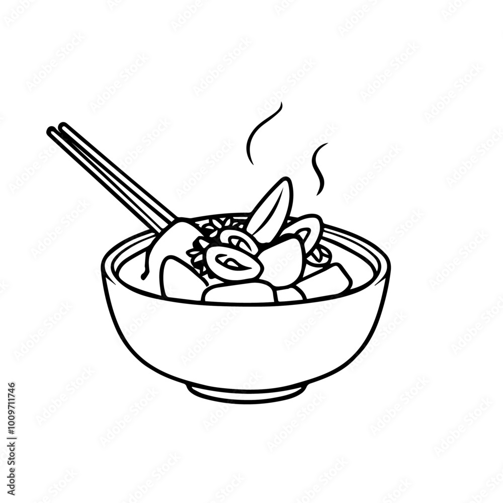 Korean Soft Tofu Stew with Seafood (Sundubu Jjigae) – Spicy Comfort Food Black Outline Vector Illustration Korean Soft Tofu Stew with Seafood (Sundubu Jjigae) – Spicy Comfort Food Black Outline Vector Illustration