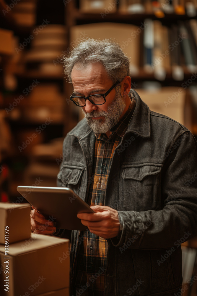 A senior man engages with his tablet in a cozy home office surrounded by packed boxes during a productive afternoon A senior man engages with his tablet in a cozy home office surrounded by packed boxes during a productive afternoon