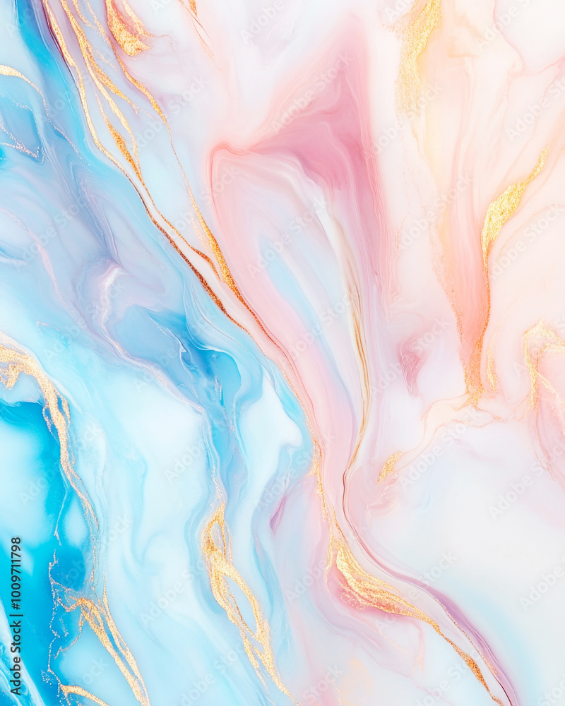 Fototapeta premium Elegant marbled epoxy resin background featuring pastel tones with golden veining