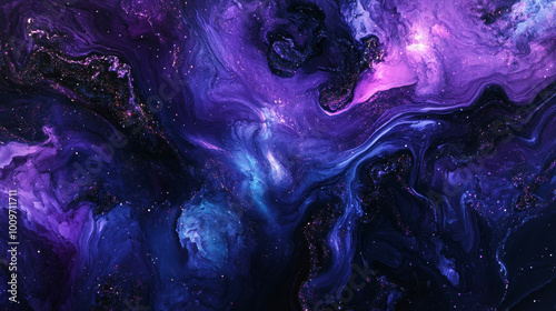 Cosmic scene in deep purples and blues with shimmering stars, made with epoxy resin © Taras Vykhopen