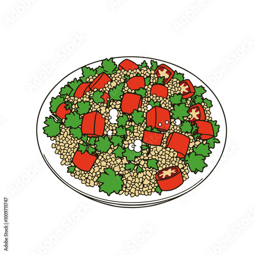 Lebanese Tabbouleh Salad with Parsley, Tomatoes, and Bulgur – A Fresh, Herbaceous Dish Black Outline Vector Illustration