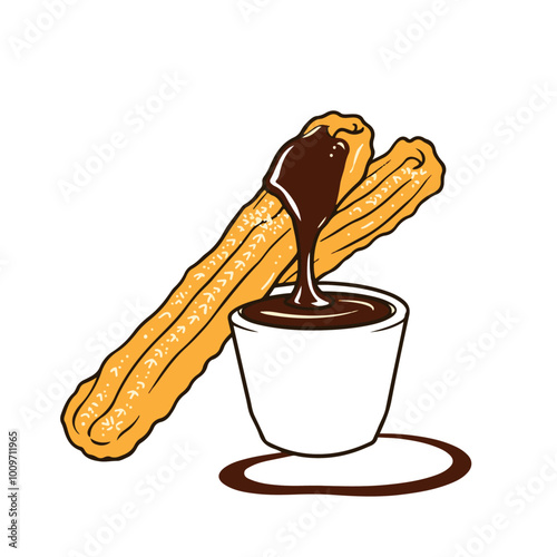 Mexican Churros with Sugar and Chocolate Dipping Sauce – A Fried Delicacy Enjoyed Worldwide Black Outline Vector Illustration