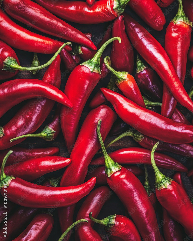 Close-up of vibrant red chili peppers showcasing their freshness in a detailed top view arrangement Close-up of vibrant red chili peppers showcasing their freshness in a detailed top view arrangement