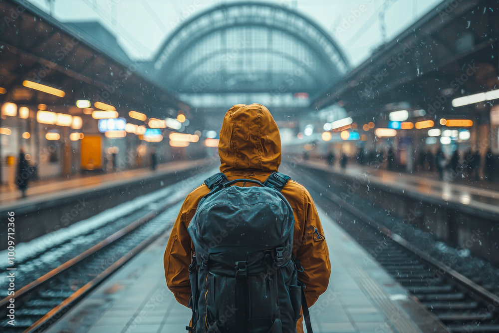 Capturing the Essence: A Cinematic Portrait of a Youthful Figure Awaiting the Train at a German Train Station Capturing the Essence: A Cinematic Portrait of a Youthful Figure Awaiting the Train at a German Train Station