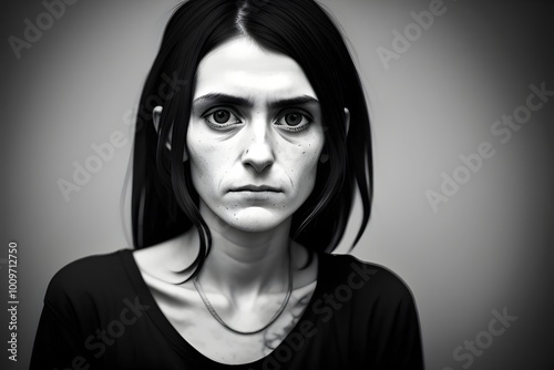 A stark, black-and-white portrait of a sad tired emaciated young heroin addicted woman in her mid-twenties, drugs, addict, addiction, desolate, despair, vulnerable, gaunt, struggle, hollow, isolation,