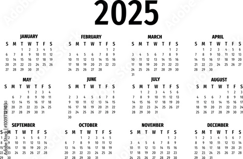 Calendar layout for the year 2025. Wall and desk calendar. 