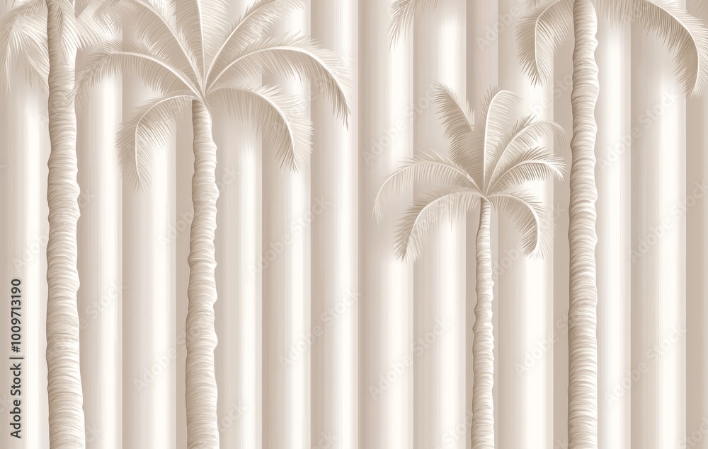 The wall is covered with palm leaves and graphics. The tone is beige. The wall is covered with palm leaves and graphics. The tone is beige.