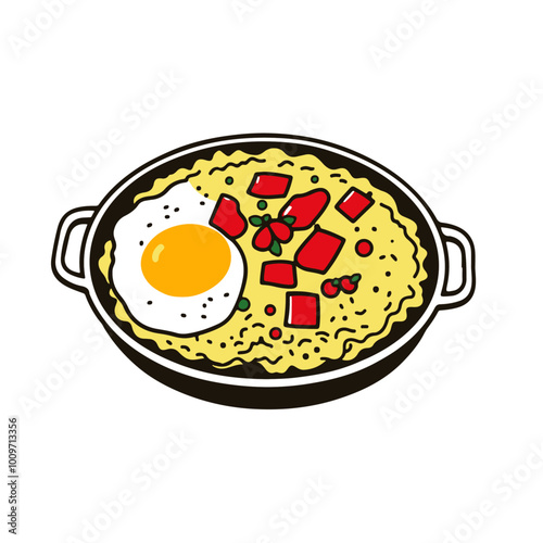 Turkish Menemen with Scrambled Eggs, Tomatoes, and Peppers – Popular Breakfast Dish in Black Outline Vector Illustration