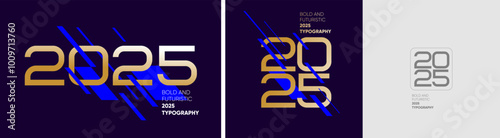 Bold vector illustrations highlighting 2025 in futuristic typography with sharp gold accents, dynamic lines, and a sleek modern design for promotional use.