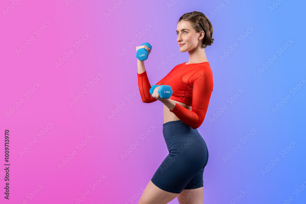 Full body length gaiety shot athletic and sporty woman with dumbbell for weight lifting as bodybuilding exercise in standing posture on isolated background. Healthy active and body care lifestyle