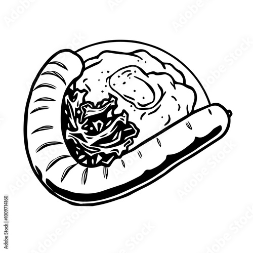 Dutch Stamppot with Mashed Potatoes and Kale, Served with Smoked Sausage – A Warm, Filling Dish Black Outline Vector Illustration