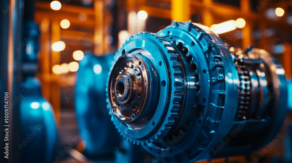 Close-up of a vibrant blue electric motor showcasing intricate gear teeth in an industrial backdrop Close-up of a vibrant blue electric motor showcasing intricate gear teeth in an industrial backdrop