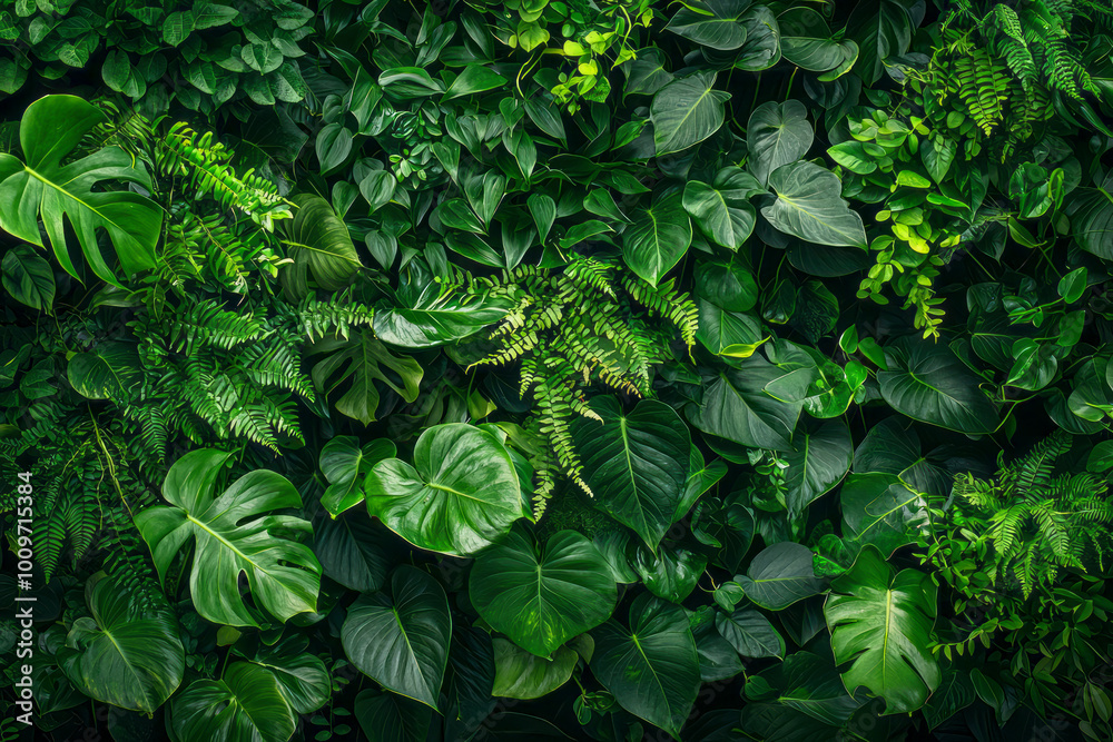 Verdant Paradise: Lush green plants creating a stunning plant wall in a tropical cloud forest backdrop of anthurium, epiphytes, and ferns Verdant Paradise: Lush green plants creating a stunning plant wall in a tropical cloud forest backdrop of anthurium, epiphytes, and ferns
