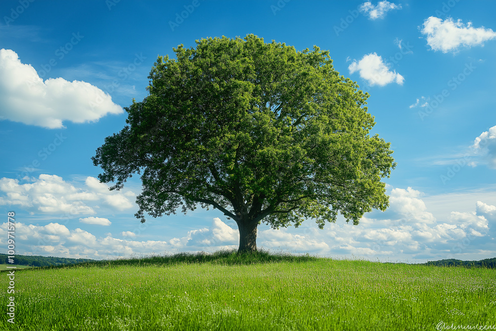 Obraz premium Solitary Tree in Green Field Under Blue Sky and Clouds Representing Nature, Growth, and Serenity
