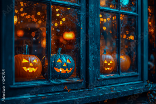 Ghoulishly Glowing: Halloween Pumpkins Adorned in Windows with Bokeh Magic photo