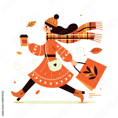 A girl in bright clothes, on an autumn day, runs down the street holding a cup of coffee in one hand and shopping bags in the other