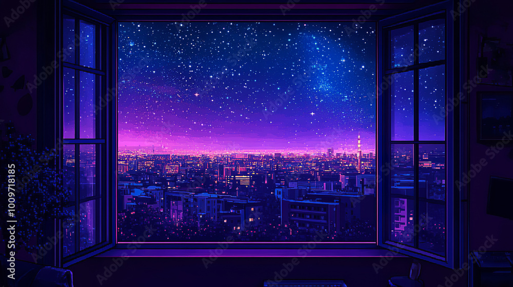 8 bit style background image where the view is from inside an apartment ...