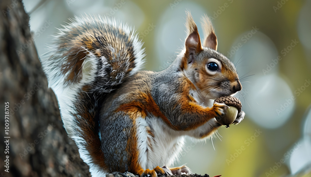 Fototapeta premium Squirrel Eating: A Squirrel Nibbling on an Acorn 