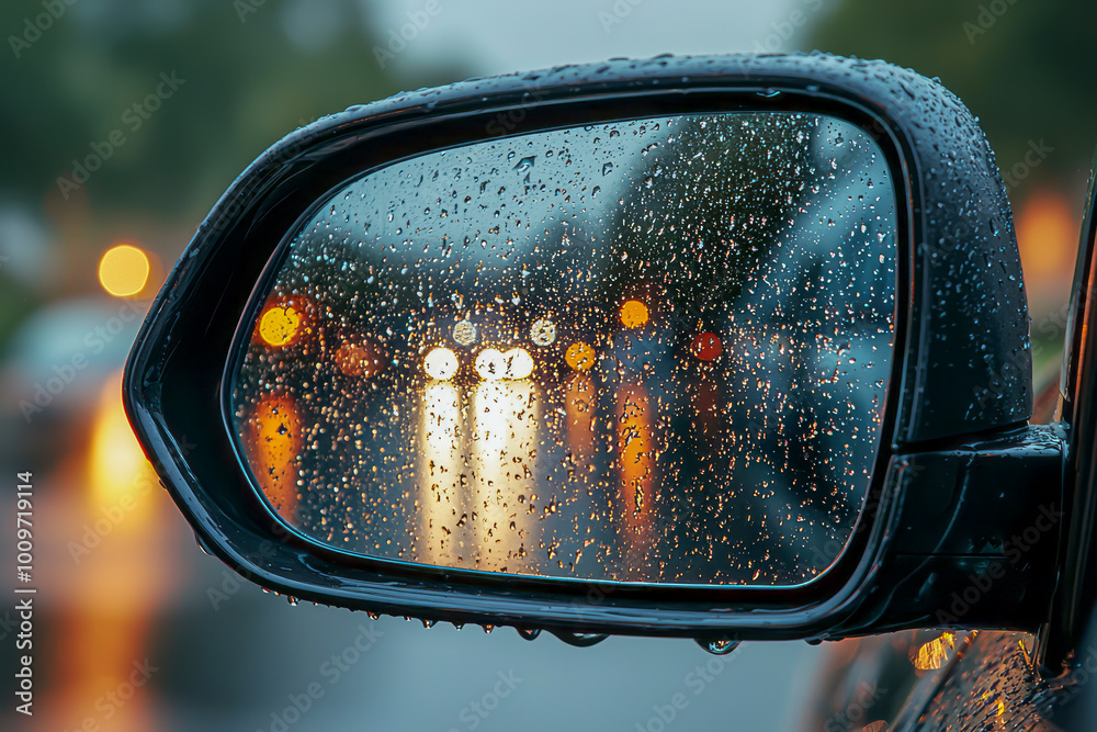 Obscured Views: Raindrops on Car Mirror in Bad Weather Obscured Views: Raindrops on Car Mirror in Bad Weather